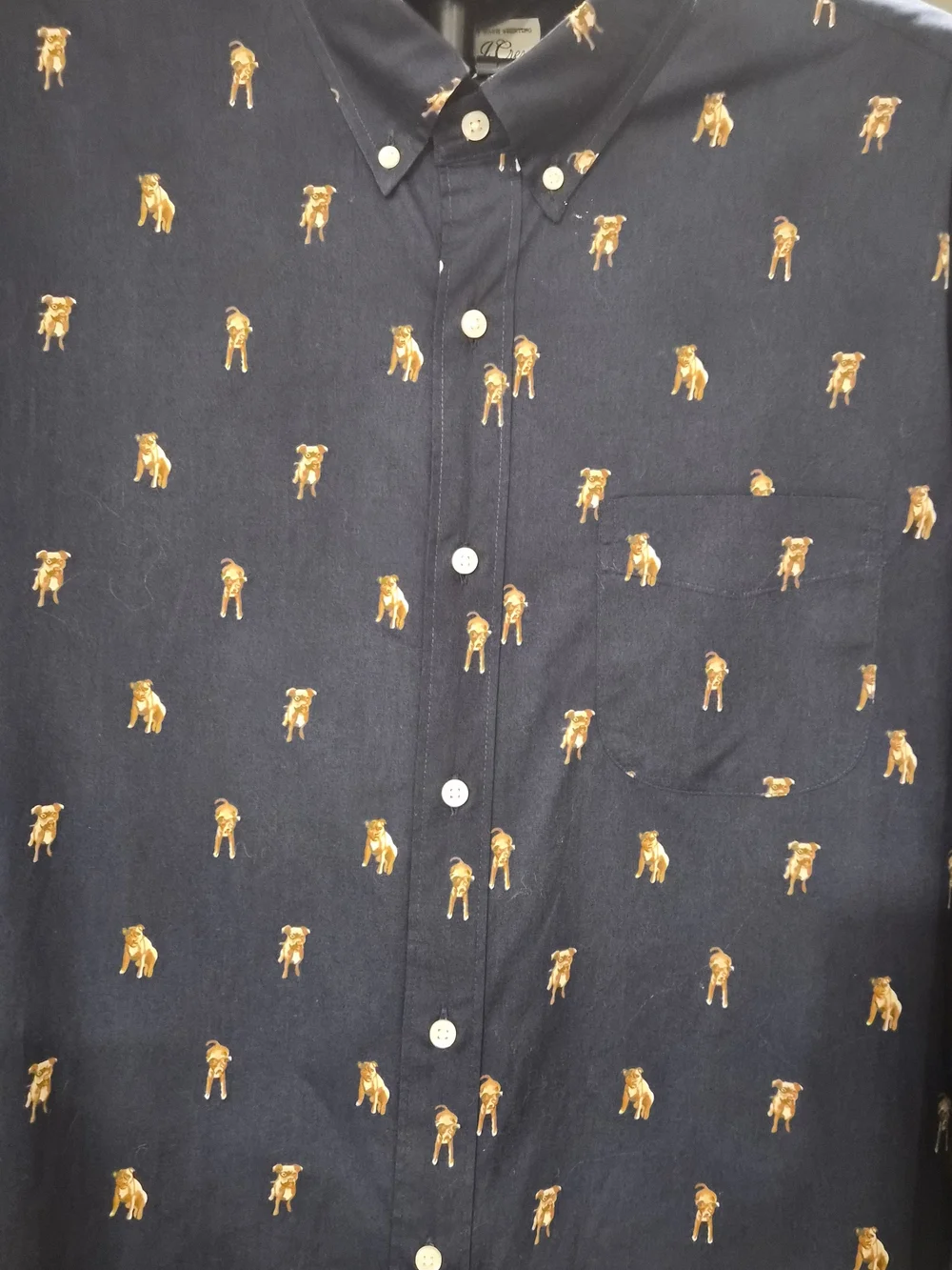J.Crew Men's XL Secret Wash Classic Fit Navy Blue Novelty Dog Print Stretch